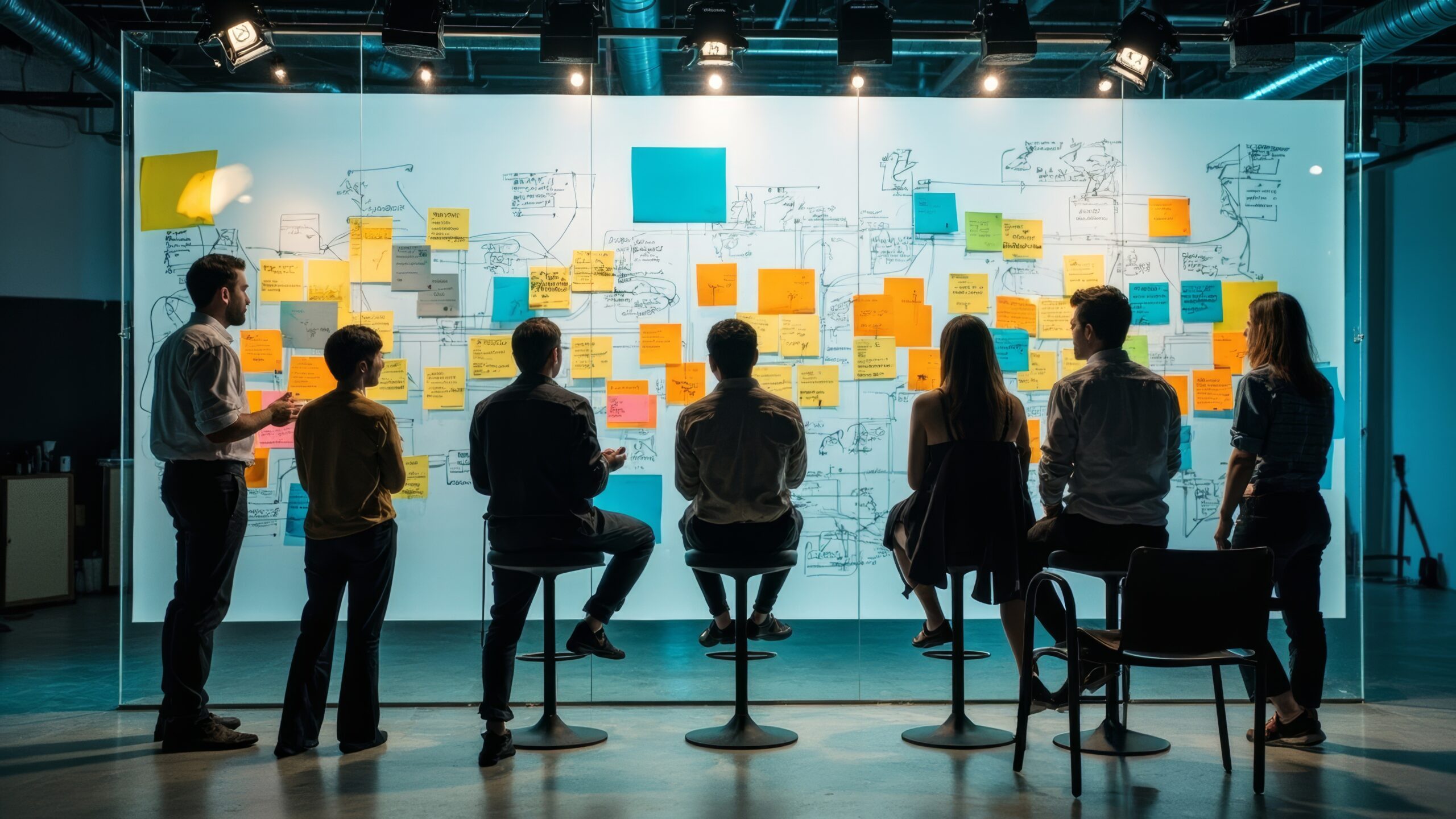 A cross-functional team sketching digital workflows on a glass wall, sticky notes and diagrams overlapping under bright studio lights