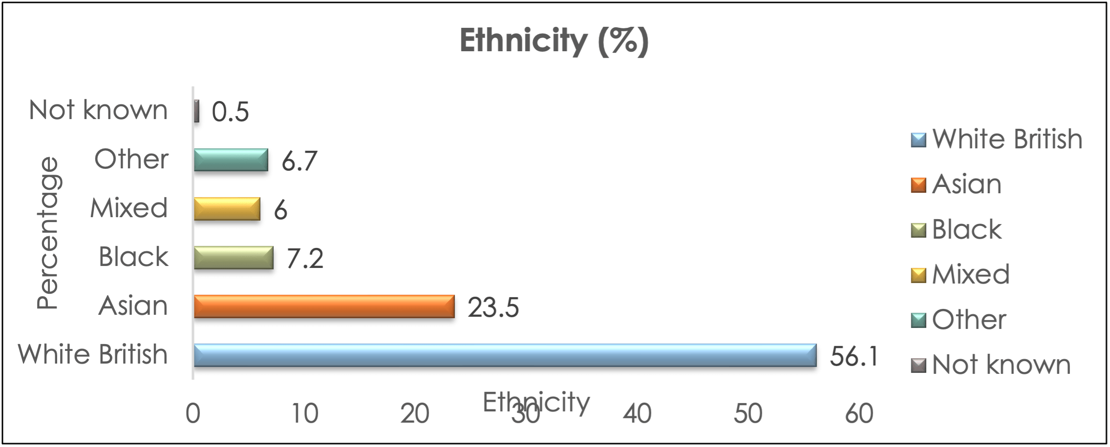 Bar chart showing young people ethnicity: White British 56.1%, Asian 23.5%, Black 7.2%, Mixed 6.0%, Other 6.7%