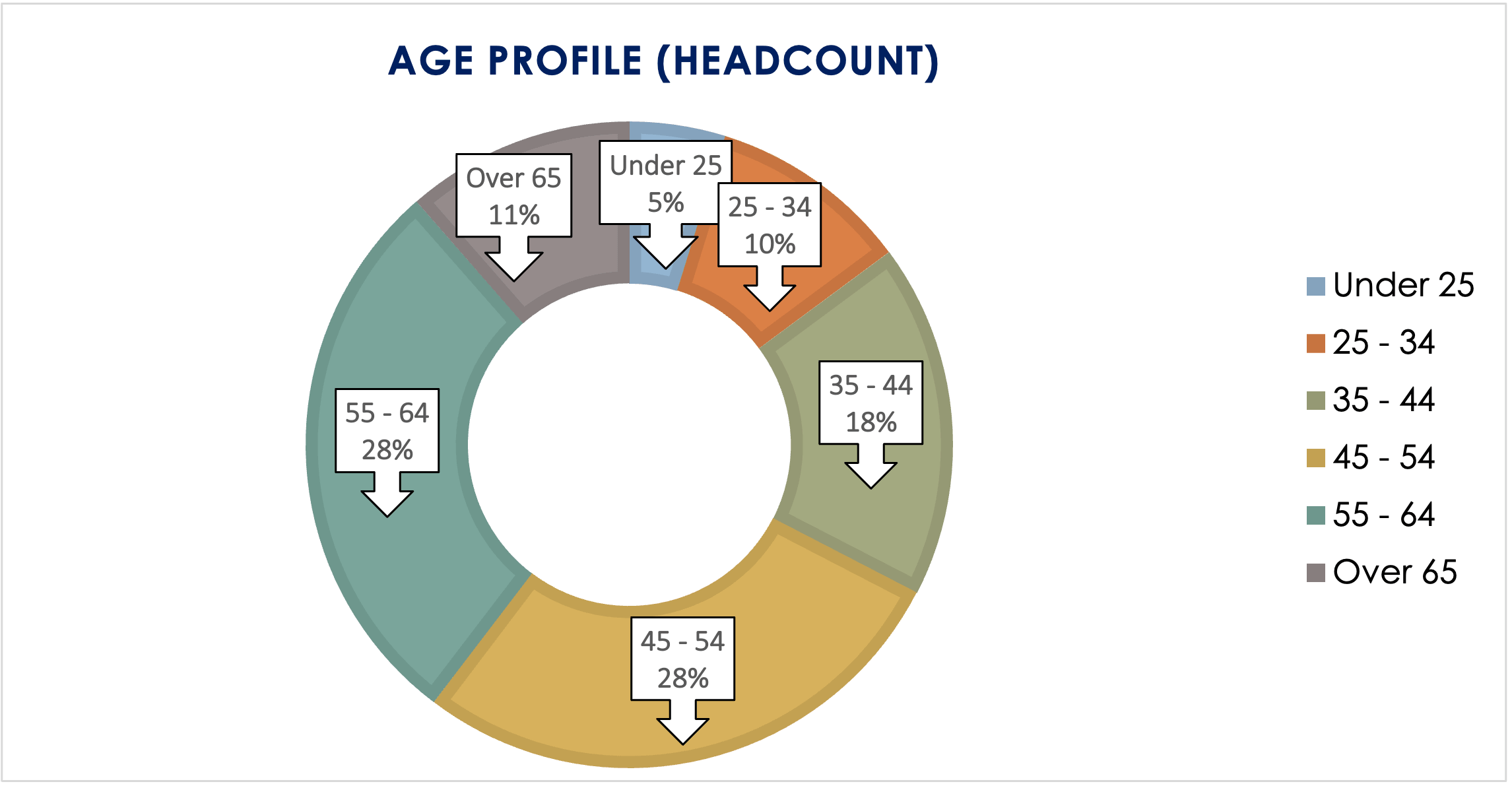 Doughnut chart showing colleague age profile: Under 25: 5%, 25-34: 10%, 35-44: 18%, 45-54: 28%, 55-64: 28%, Over 65: 11%
