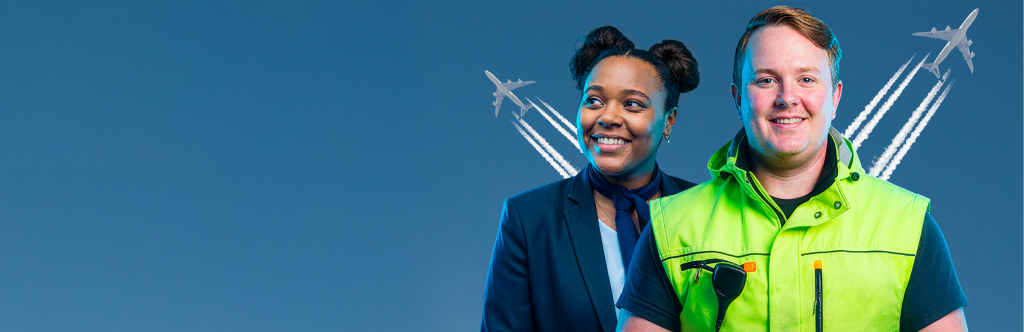 Two aviation industry workers standing in front of a blue background with aircraft contrails overhead.